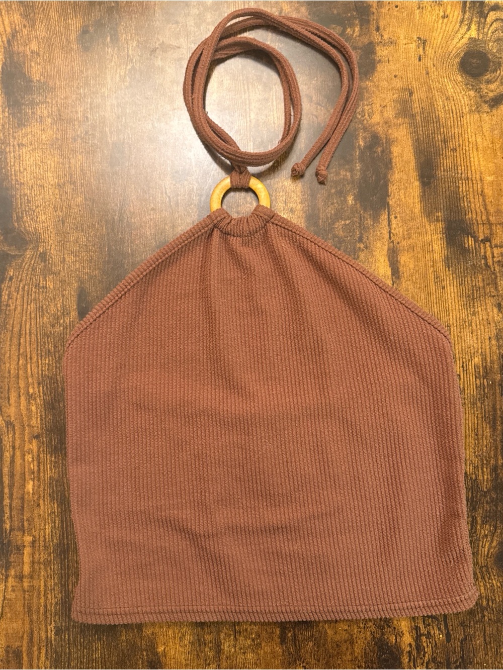Nasty Gal Rust Brown Ribbed Halter Crop Top with Wood Ring